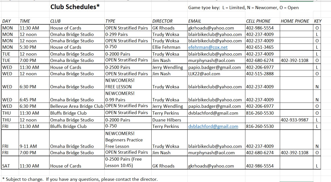 Club schedules